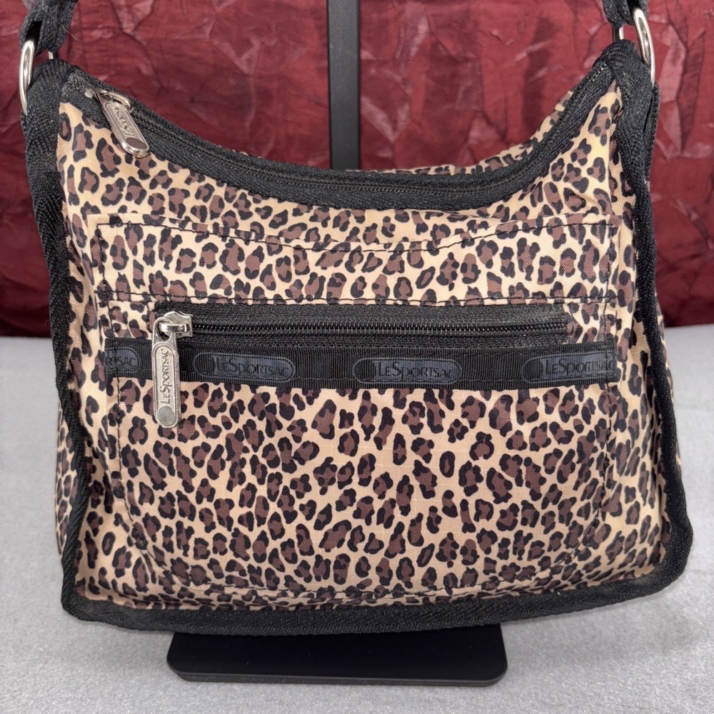 Lesportsac Nylon Brown Black Cheetah Leopard Small Shoulder Bag Purse Shortstrap